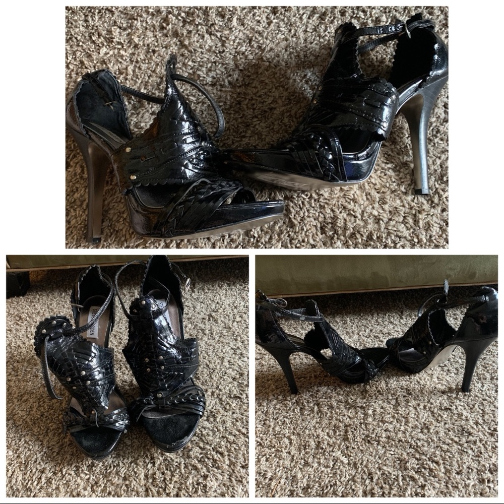 High heeled black strappy sandals